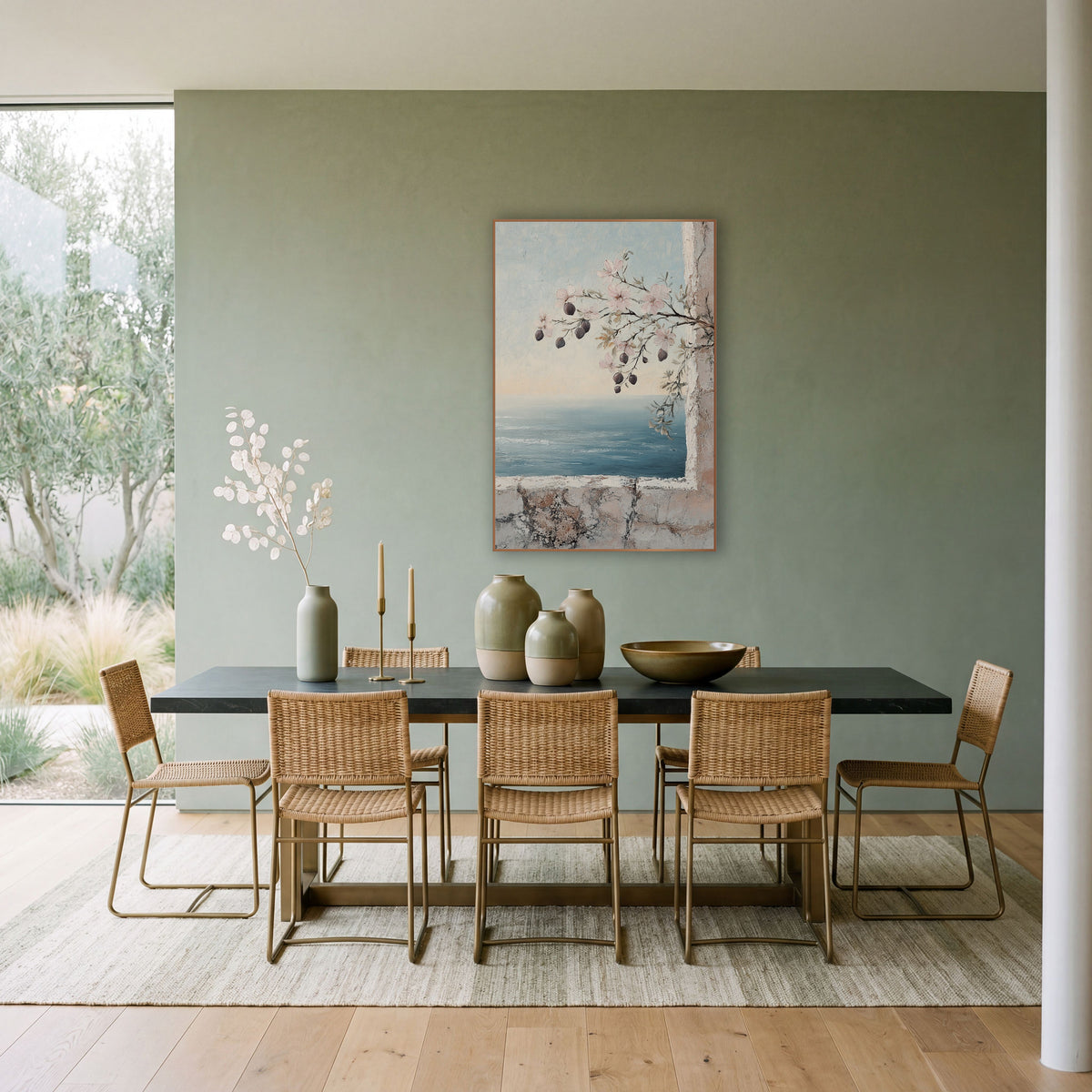 Pink Blossom Branch Seaside Coastal wall art in a bright coastal-style room – pink blossom branch with dark buds