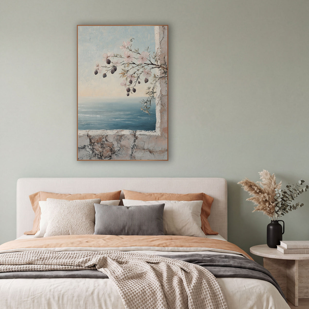 Pink Blossom Branch Seaside Coastal wall art in a bright coastal-style room – pink blossom branch with dark buds