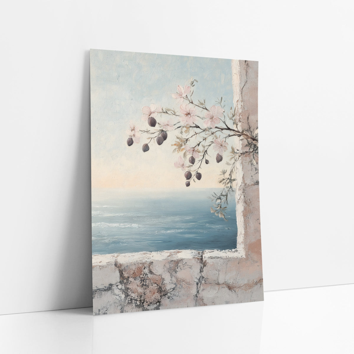 Pink Blossom Branch Seaside Coastal art print leaning against a white wall – pink blossom branch with dark buds across a worn