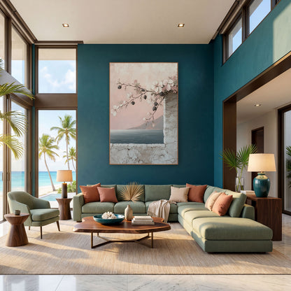 Blush Flowering Branch Seaside Coastal wall art in a bright coastal-style room – flowering branch with white and pink