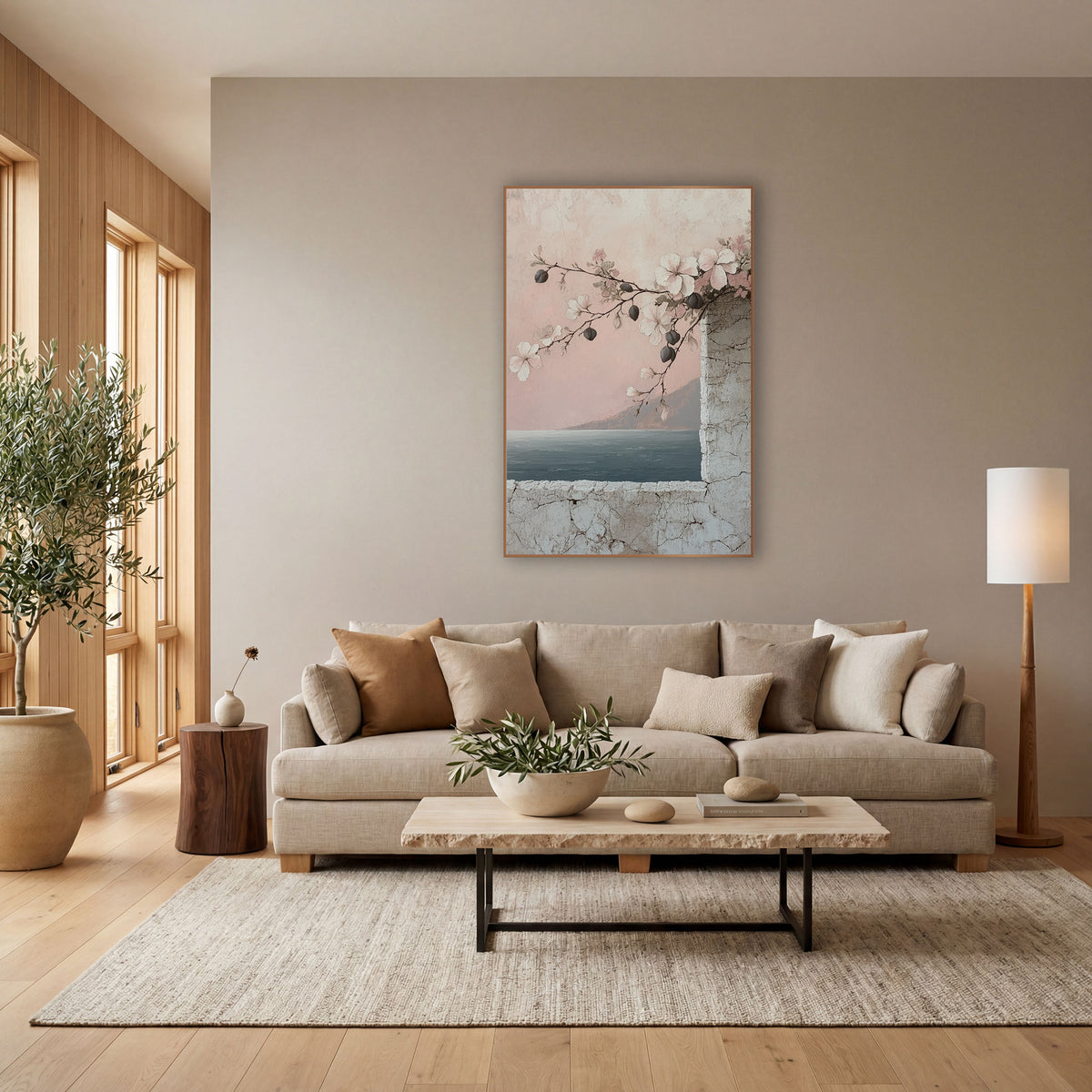 Blush Flowering Branch Seaside Coastal wall art in a bright coastal-style room – flowering branch with white and pink