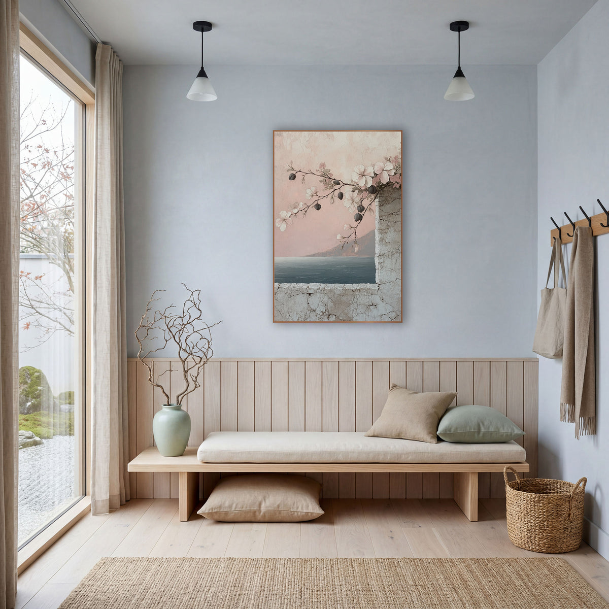 Blush Flowering Branch Seaside Coastal wall art in a bright coastal-style room – flowering branch with white and pink