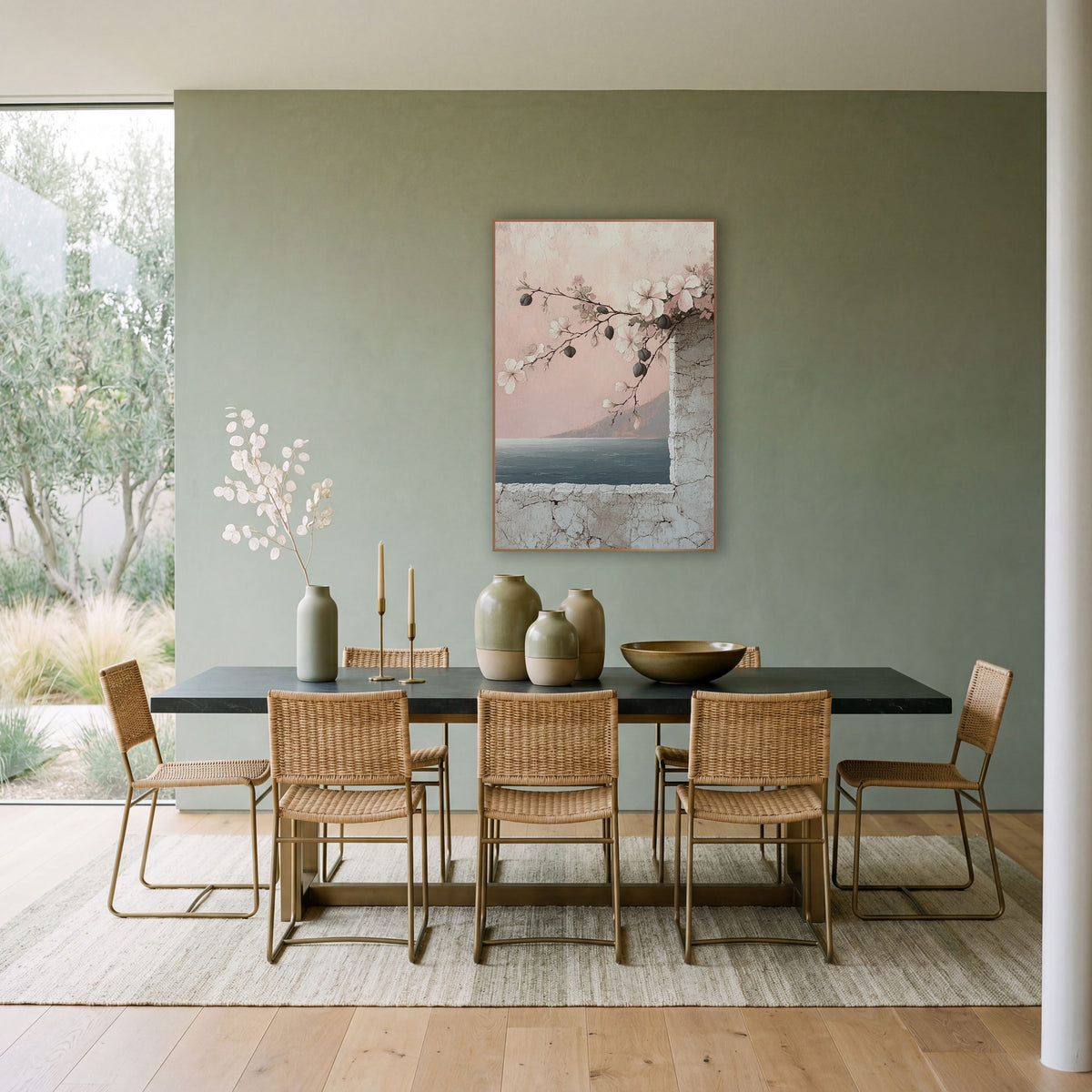Blush Flowering Branch Seaside Coastal wall art in a bright coastal-style room – flowering branch with white and pink