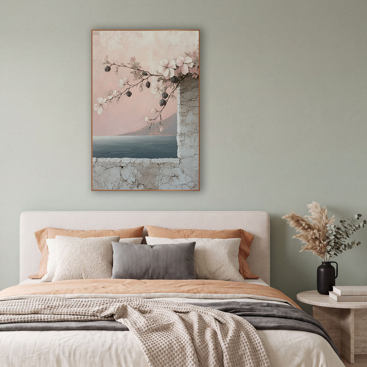 Blush Flowering Branch Seaside Coastal wall art in a bright coastal-style room – flowering branch with white and pink