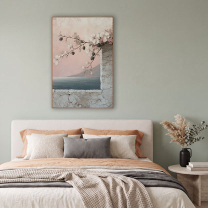 Blush Flowering Branch Seaside Coastal wall art in a bright coastal-style room – flowering branch with white and pink
