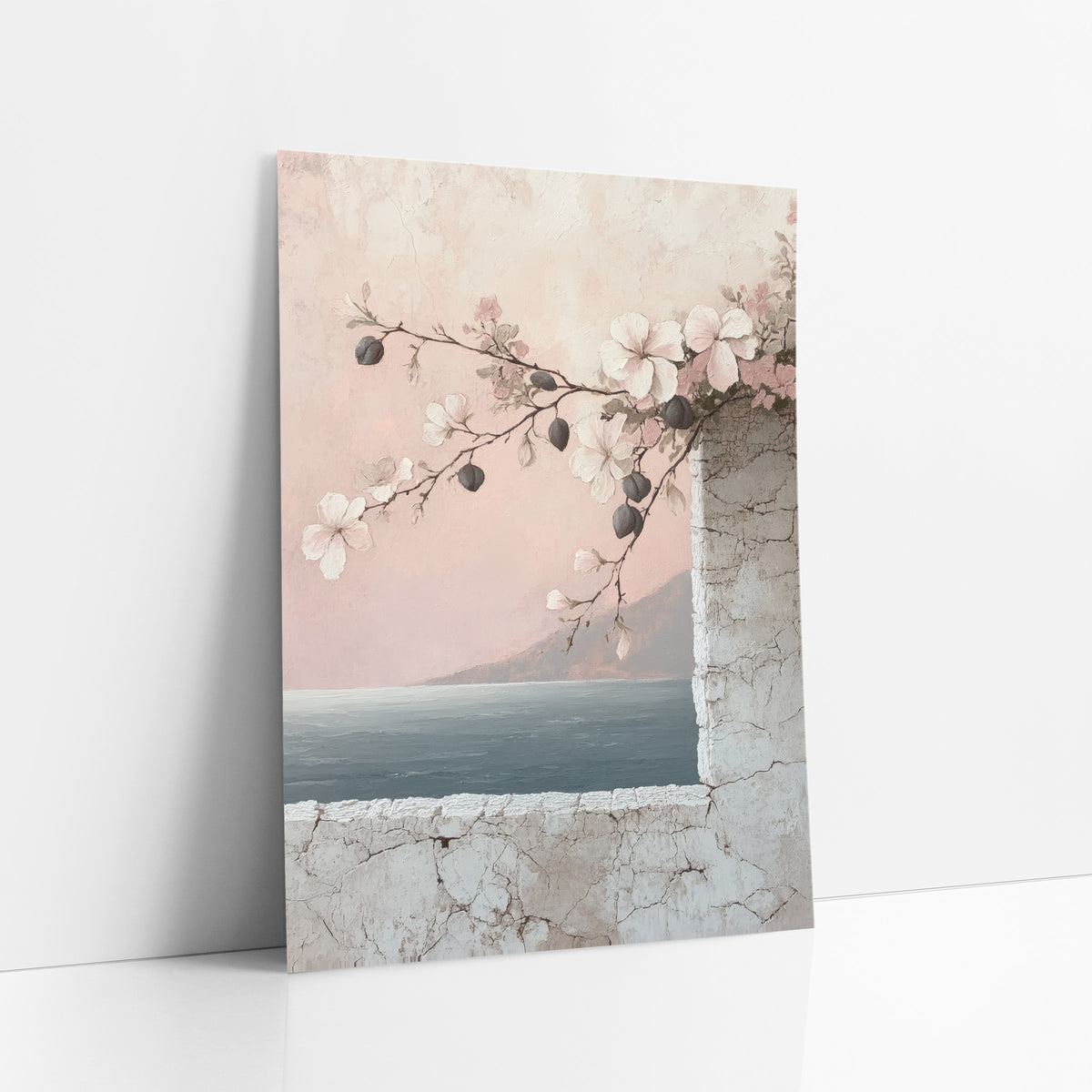 Blush Flowering Branch Seaside Coastal art print leaning against a white wall – flowering branch with white and pink blossoms