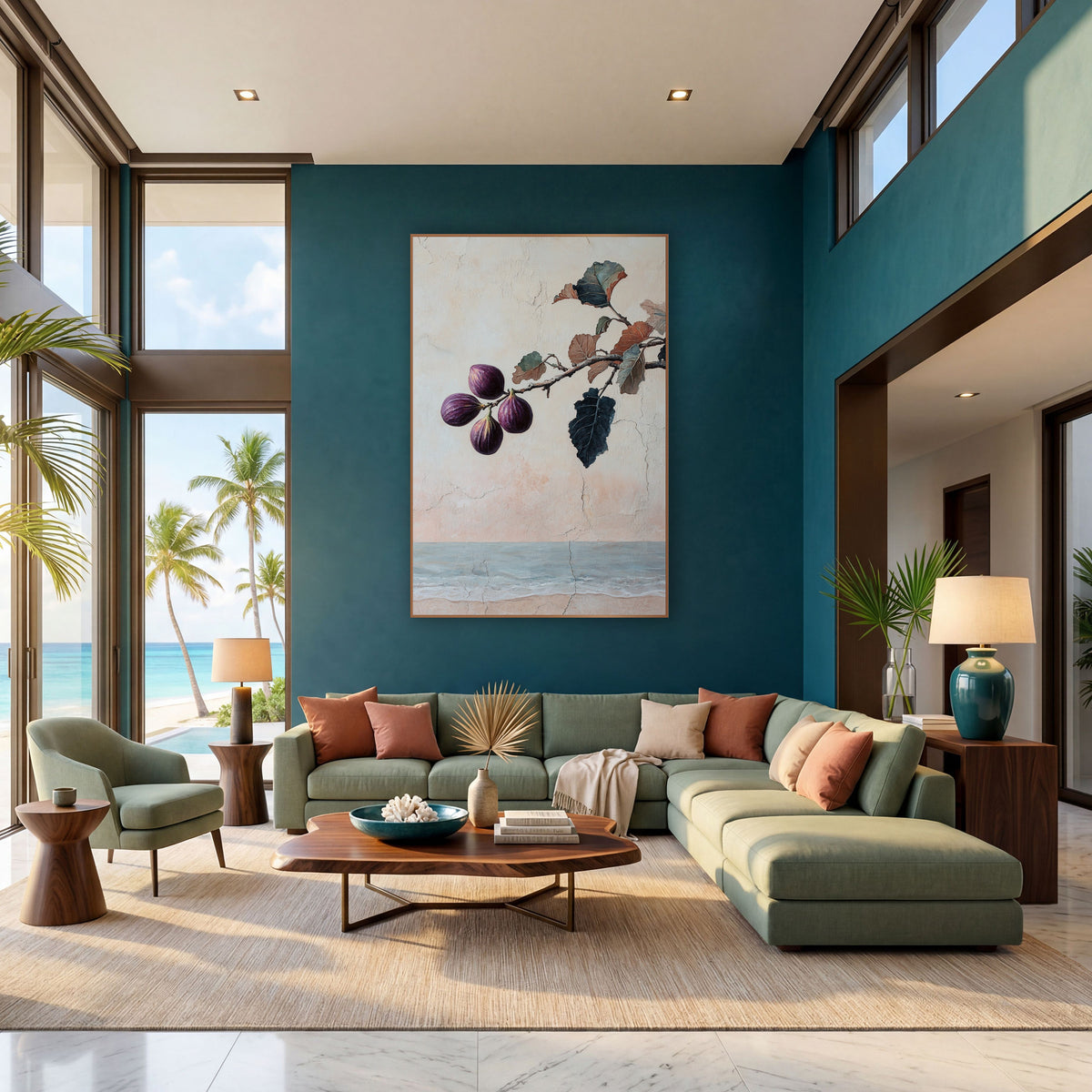 Purple Fig Branch Coastal Fresco wall art in a bright coastal-style room – four purple figs on a branch with teal