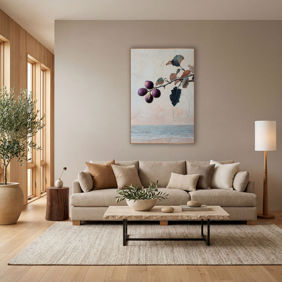 Purple Fig Branch Coastal Fresco wall art in a bright coastal-style room – four purple figs on a branch with teal