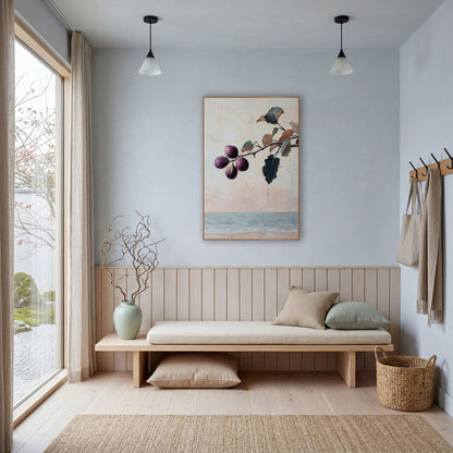 Purple Fig Branch Coastal Fresco wall art in a bright coastal-style room – four purple figs on a branch with teal
