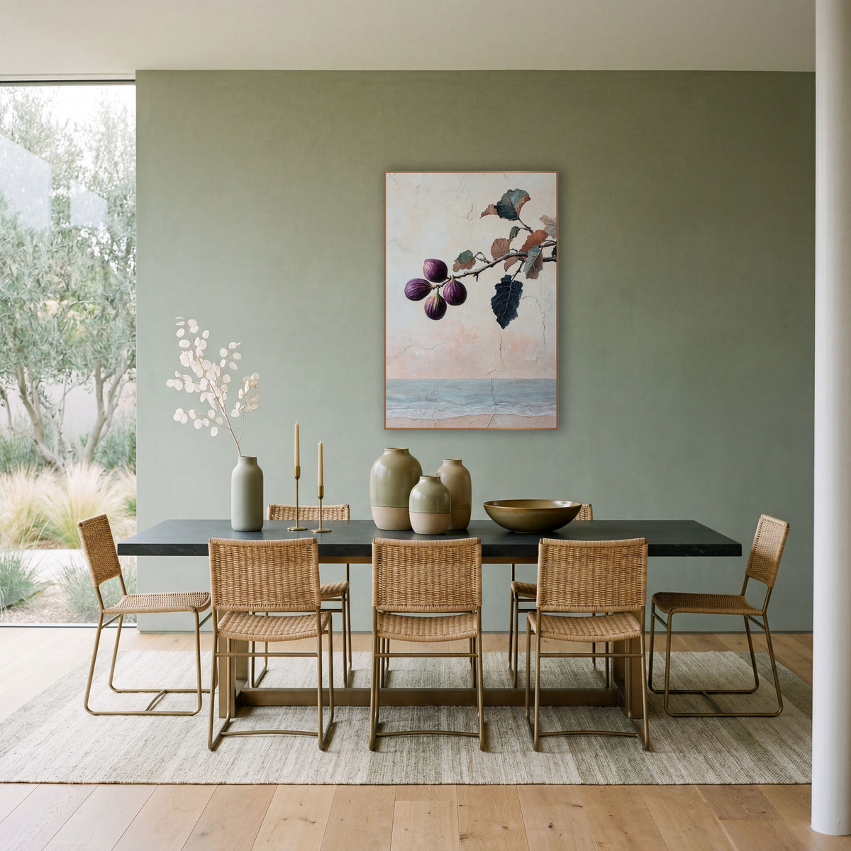 Purple Fig Branch Coastal Fresco wall art in a bright coastal-style room – four purple figs on a branch with teal
