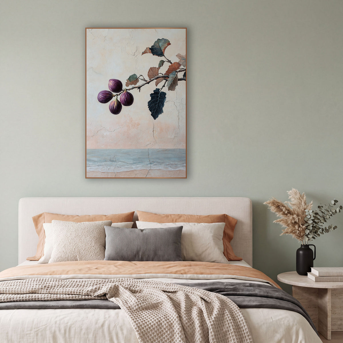 Purple Fig Branch Coastal Fresco wall art in a bright coastal-style room – four purple figs on a branch with teal
