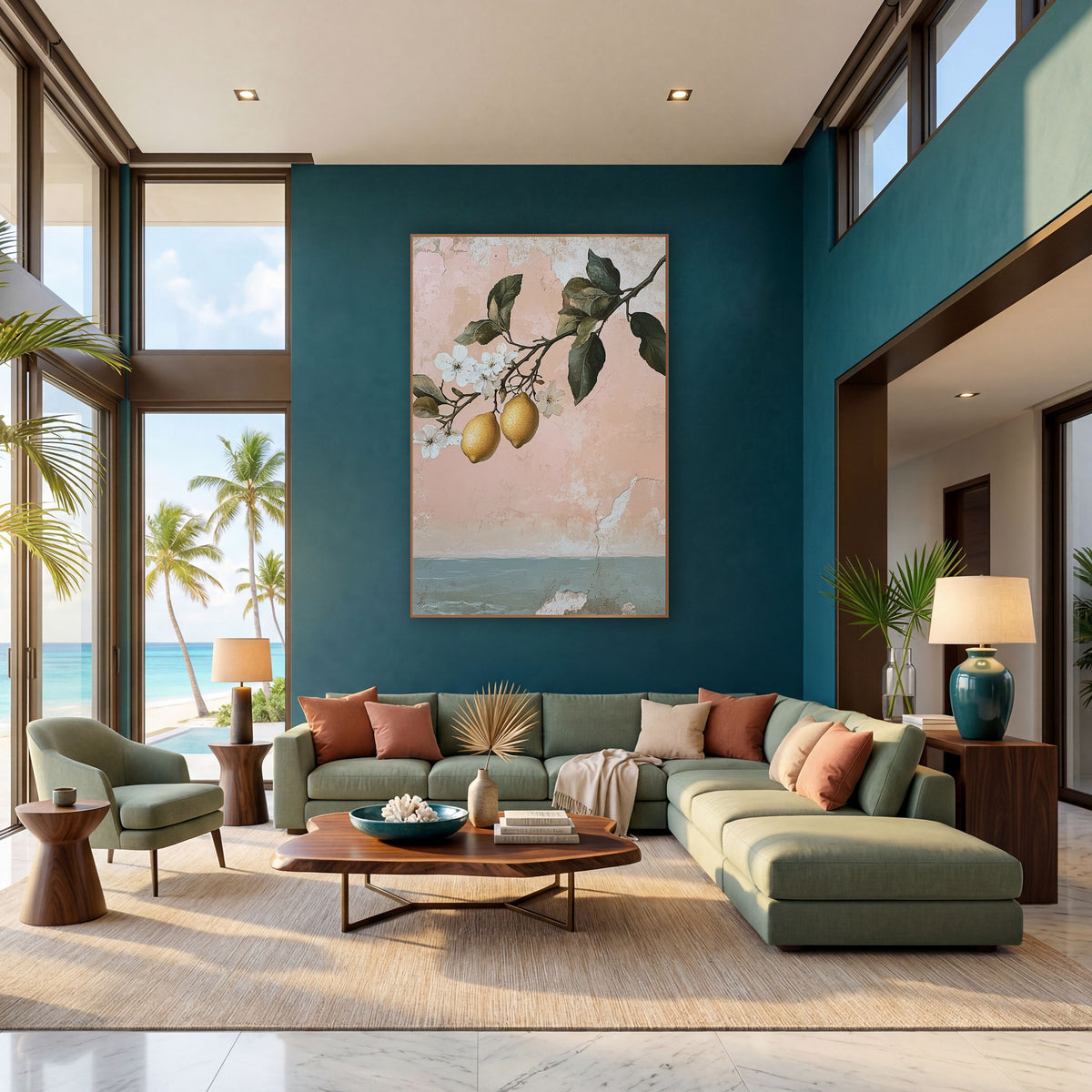 Pink Lemon Branch Coastal Botanical wall art in a bright coastal-style room – lemon branch with two yellow lemons