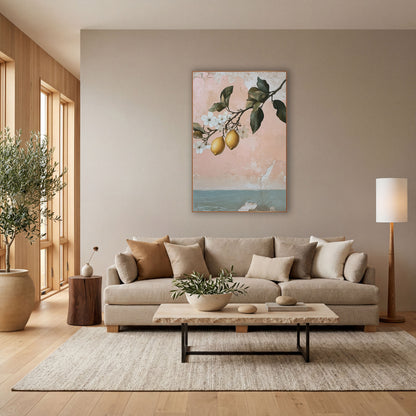 Pink Lemon Branch Coastal Botanical wall art in a bright coastal-style room – lemon branch with two yellow lemons