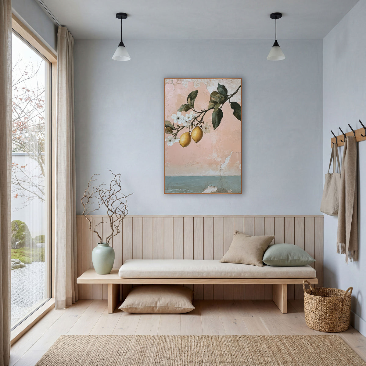 Pink Lemon Branch Coastal Botanical wall art in a bright coastal-style room – lemon branch with two yellow lemons