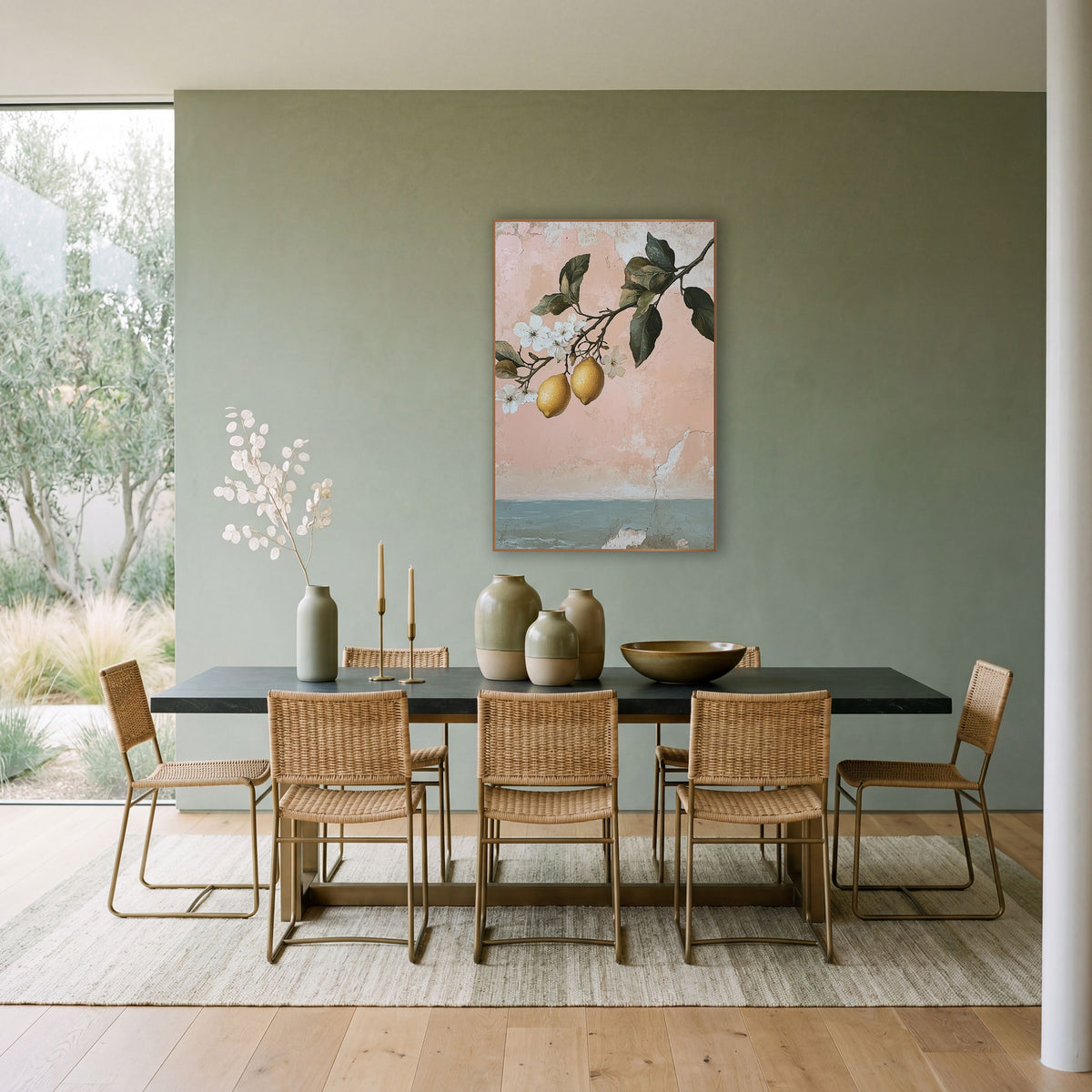 Pink Lemon Branch Coastal Botanical wall art in a bright coastal-style room – lemon branch with two yellow lemons