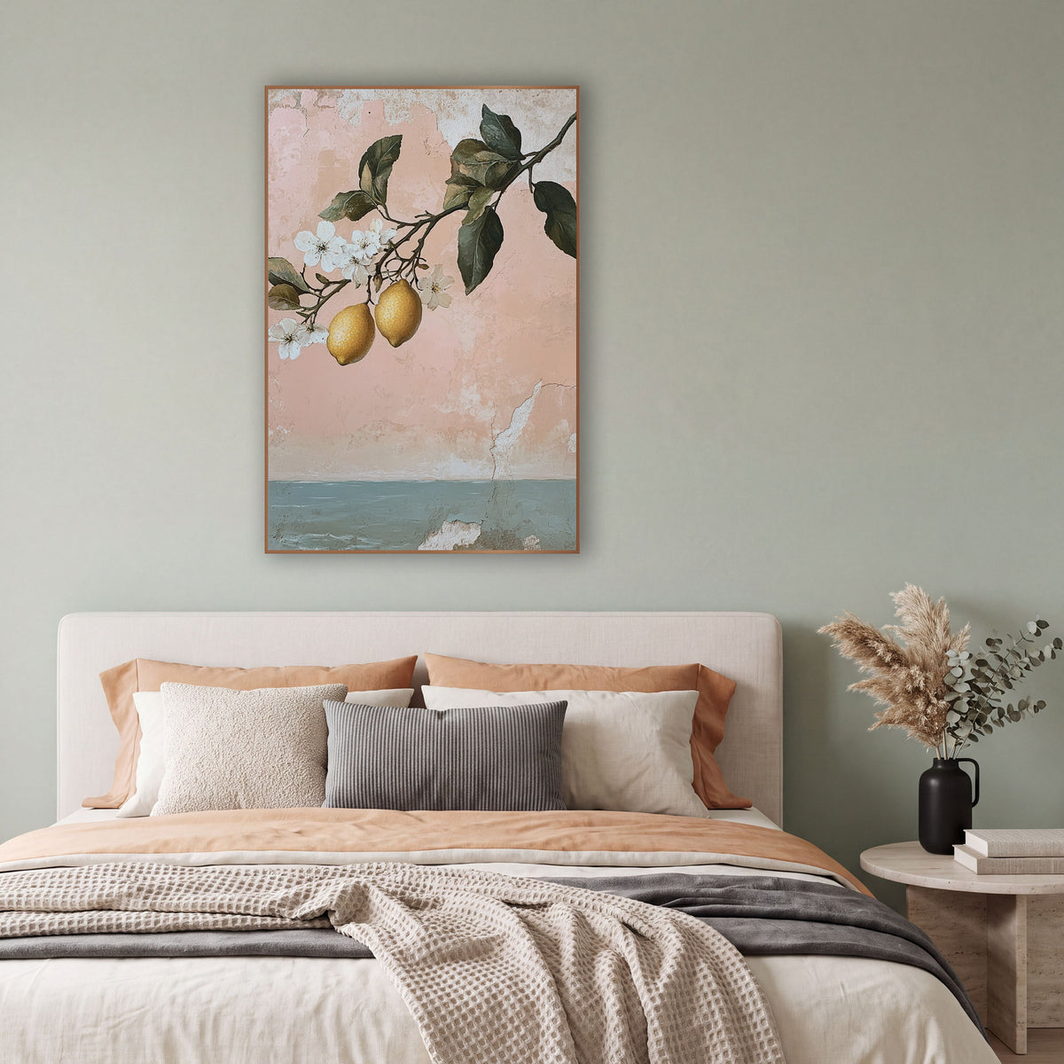 Pink Lemon Branch Coastal Botanical wall art in a bright coastal-style room – lemon branch with two yellow lemons
