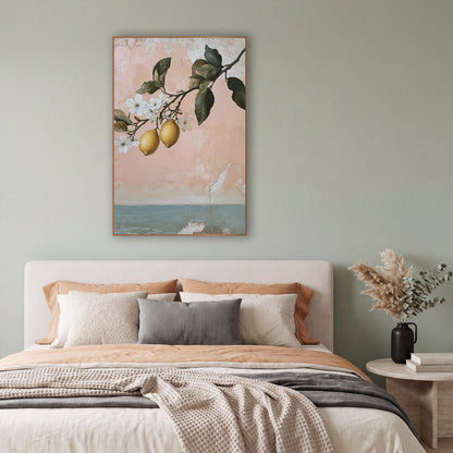 Pink Lemon Branch Coastal Botanical wall art in a bright coastal-style room – lemon branch with two yellow lemons