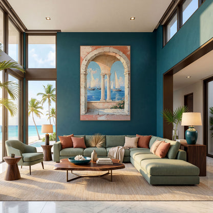 Coastal Sailboats Through Stone Arches wall art in a bright coastal-style room – three sailboats on blue sea seen