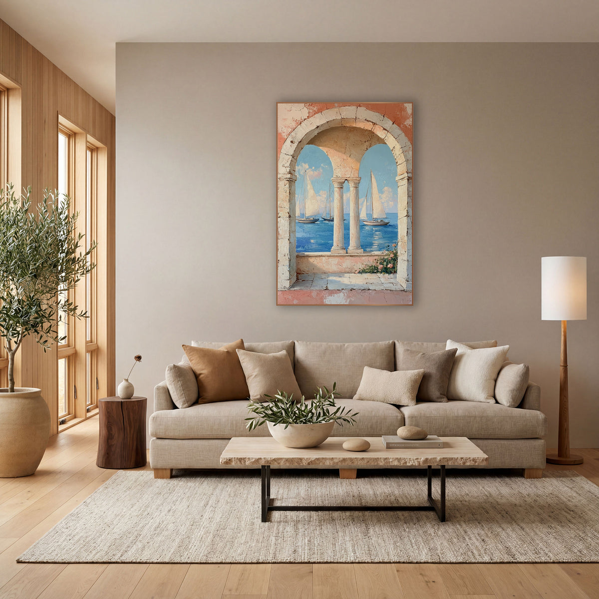 Coastal Sailboats Through Stone Arches wall art in a bright coastal-style room – three sailboats on blue sea seen
