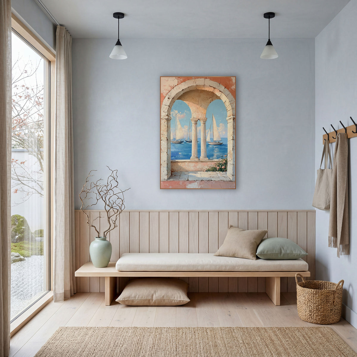 Coastal Sailboats Through Stone Arches wall art in a bright coastal-style room – three sailboats on blue sea seen