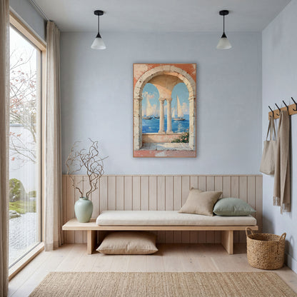 Coastal Sailboats Through Stone Arches wall art in a bright coastal-style room – three sailboats on blue sea seen