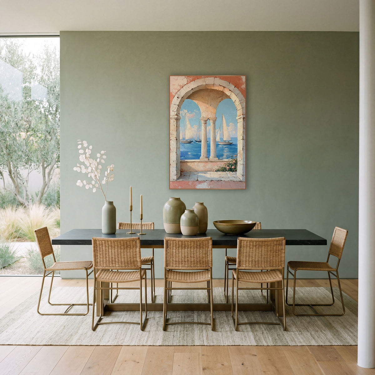 Coastal Sailboats Through Stone Arches wall art in a bright coastal-style room – three sailboats on blue sea seen