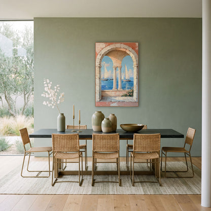 Coastal Sailboats Through Stone Arches wall art in a bright coastal-style room – three sailboats on blue sea seen