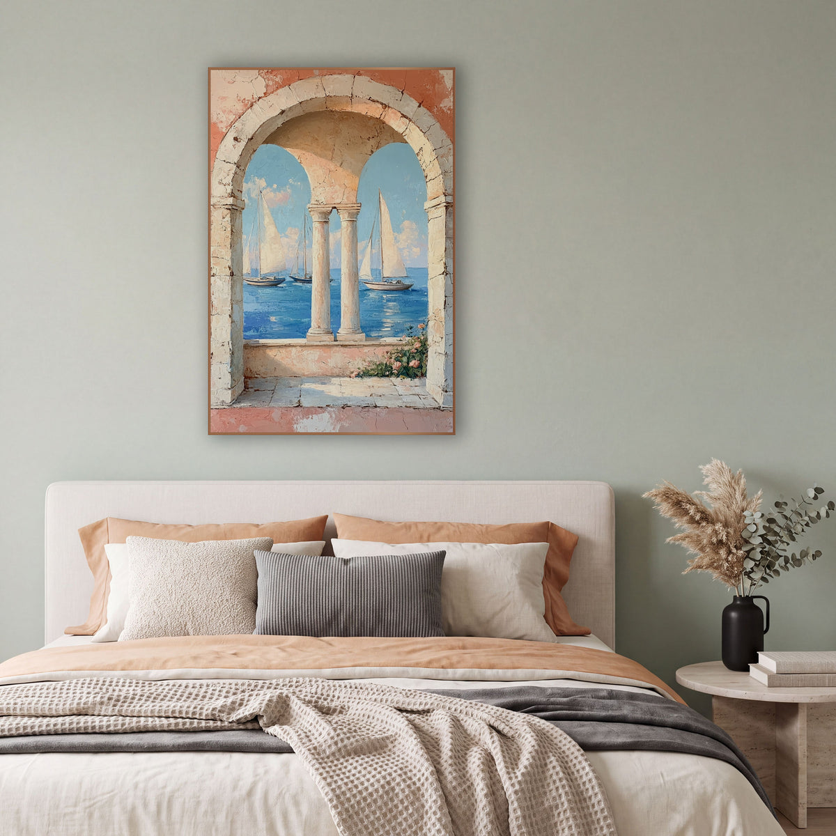 Coastal Sailboats Through Stone Arches wall art in a bright coastal-style room – three sailboats on blue sea seen