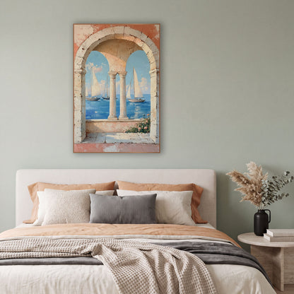 Coastal Sailboats Through Stone Arches wall art in a bright coastal-style room – three sailboats on blue sea seen