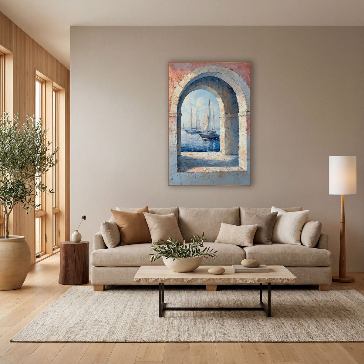 Arched Window Sailboats Coastal wall art in a bright coastal-style room – sailboats on blue water seen through a stone