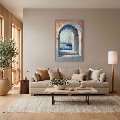 Arched Window Sailboats Coastal wall art in a bright coastal-style room – sailboats on blue water seen through a stone