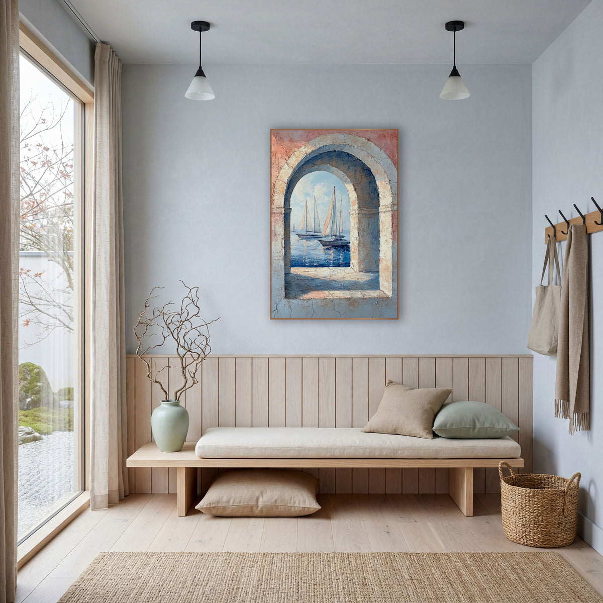 Arched Window Sailboats Coastal wall art in a bright coastal-style room – sailboats on blue water seen through a stone