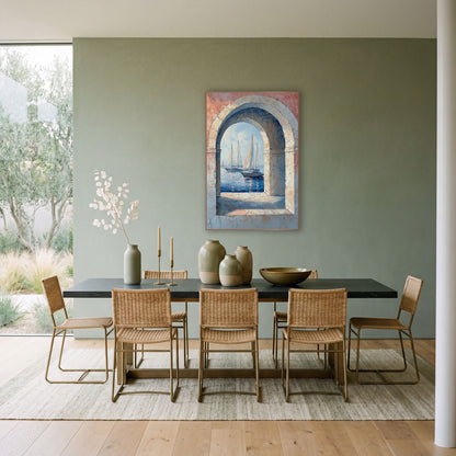 Arched Window Sailboats Coastal wall art in a bright coastal-style room – sailboats on blue water seen through a stone