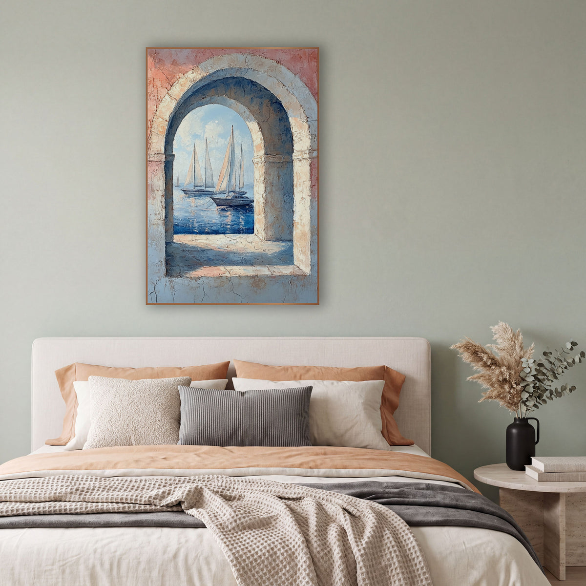 Arched Window Sailboats Coastal wall art in a bright coastal-style room – sailboats on blue water seen through a stone