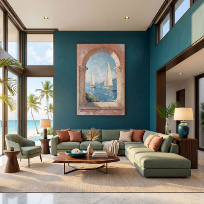 Sailboats Through Stone Arch Coastal wall art in a bright coastal-style room – sailboats with cream sails on blue