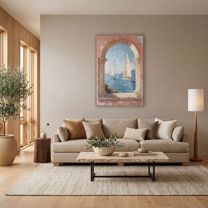 Sailboats Through Stone Arch Coastal wall art in a bright coastal-style room – sailboats with cream sails on blue