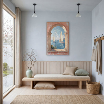 Sailboats Through Stone Arch Coastal wall art in a bright coastal-style room – sailboats with cream sails on blue
