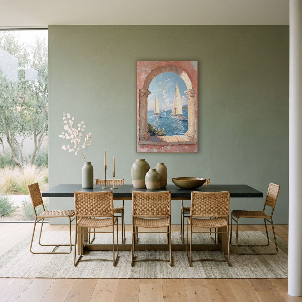 Sailboats Through Stone Arch Coastal wall art in a bright coastal-style room – sailboats with cream sails on blue