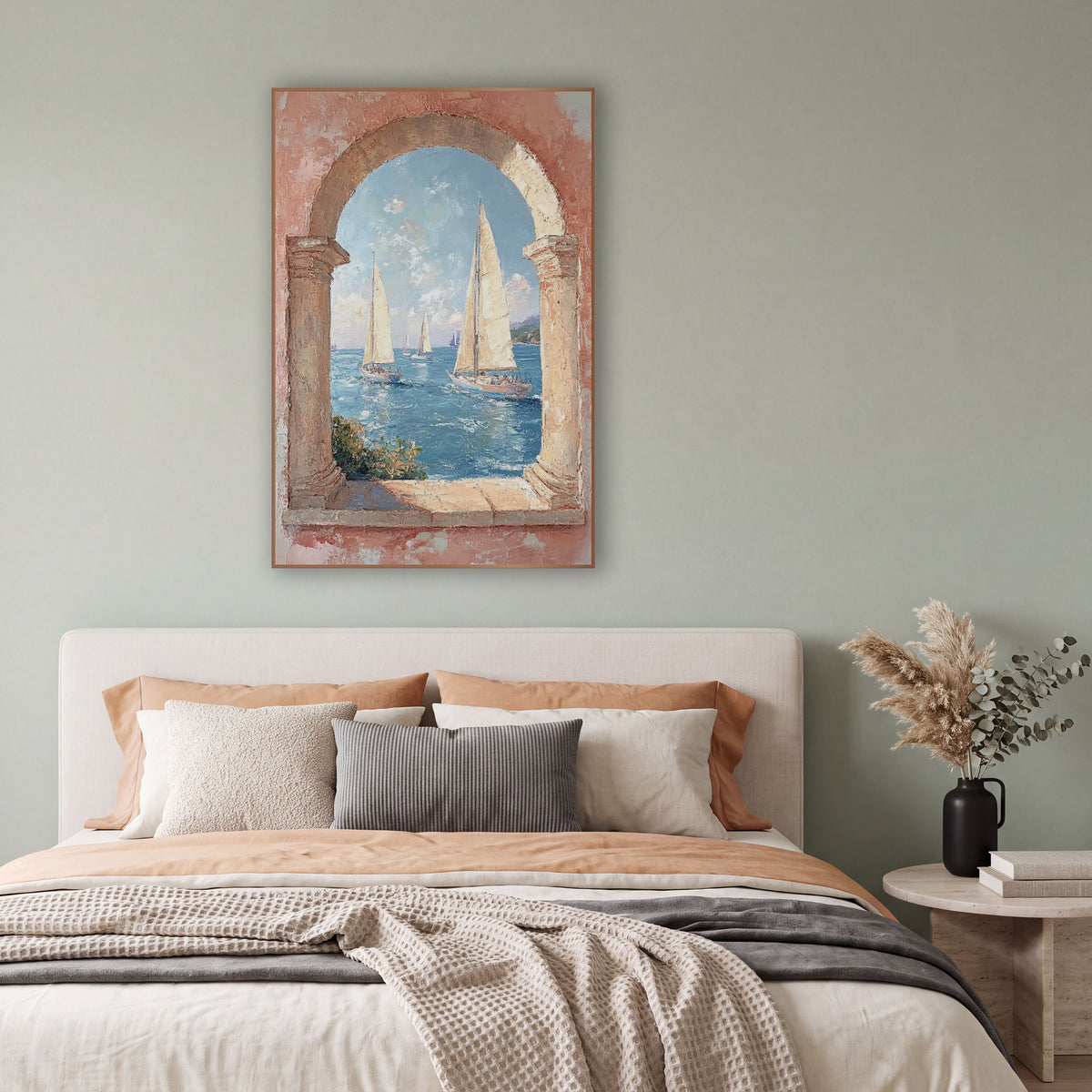 Sailboats Through Stone Arch Coastal wall art in a bright coastal-style room – sailboats with cream sails on blue