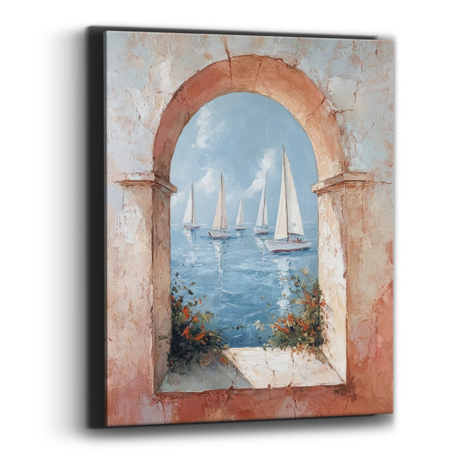Sailboats Through Terracotta Arch Coastal Canvas Wall Art
