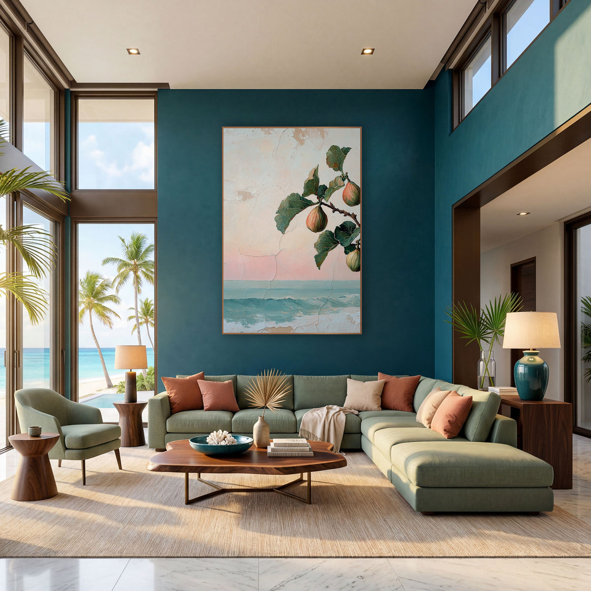 Fig Branch Seaside Coastal Fresco wall art in a bright coastal-style room – fig branch with three blush and green figs