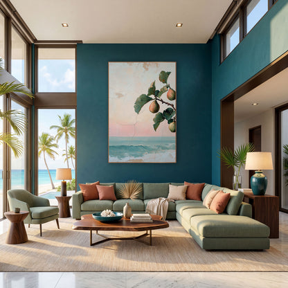 Fig Branch Seaside Coastal Fresco wall art in a bright coastal-style room – fig branch with three blush and green figs