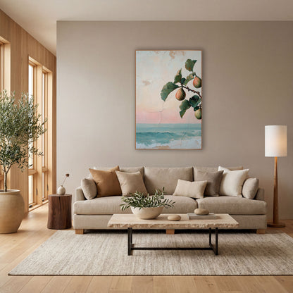 Fig Branch Seaside Coastal Fresco wall art in a bright coastal-style room – fig branch with three blush and green figs