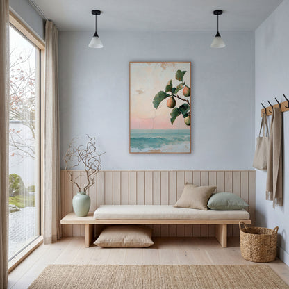 Fig Branch Seaside Coastal Fresco wall art in a bright coastal-style room – fig branch with three blush and green figs