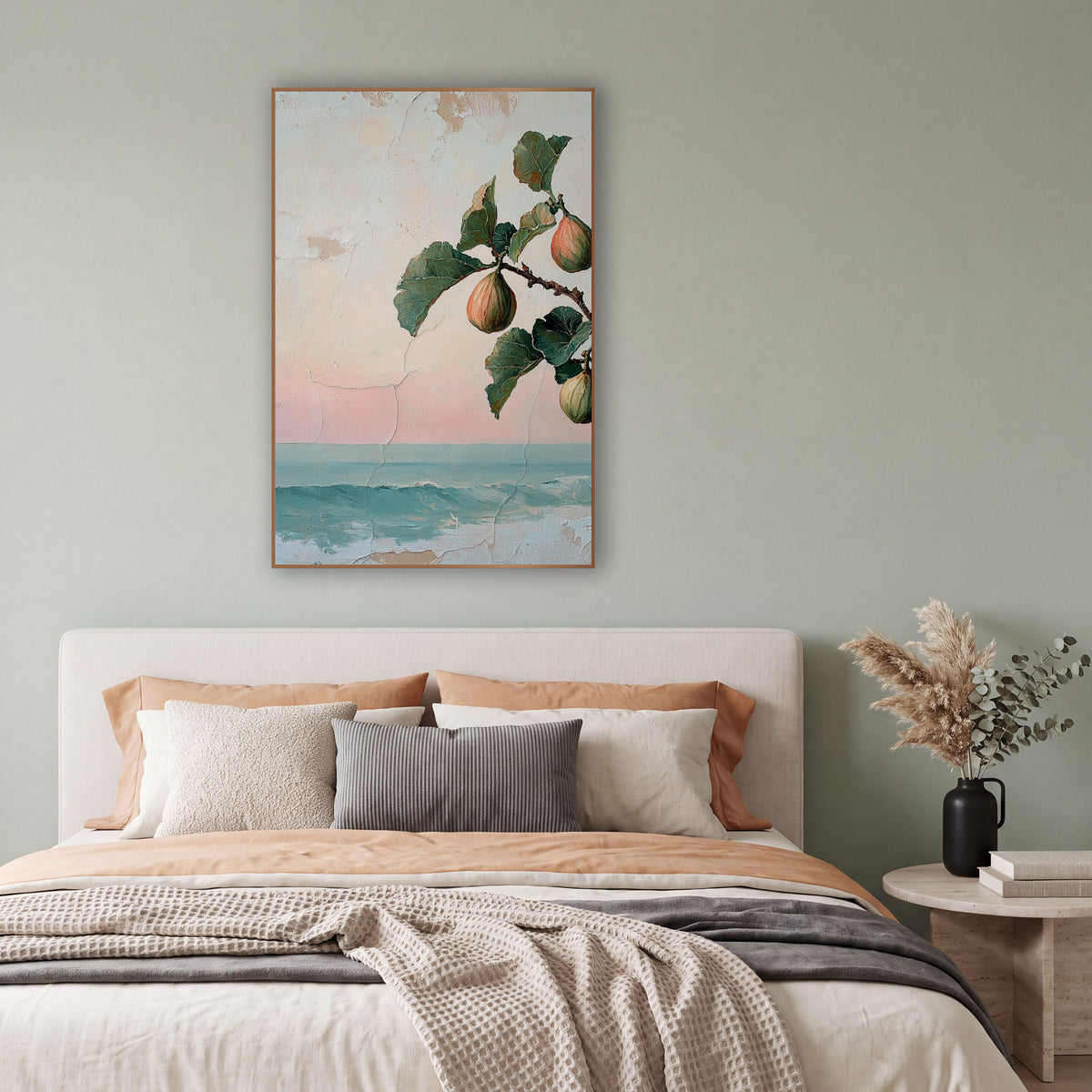 Fig Branch Seaside Coastal Fresco wall art in a bright coastal-style room – fig branch with three blush and green figs