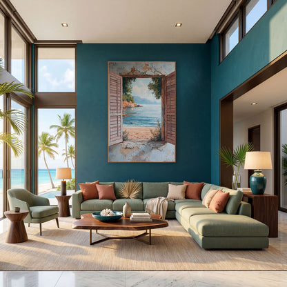 Rocky Cove Open Shutters Rustic wall art in a bright coastal-style room – open pink wooden shutters on a weathered