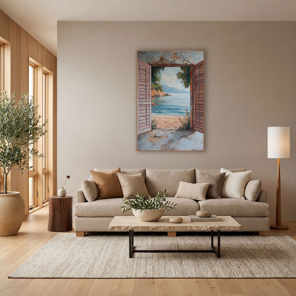 Rocky Cove Open Shutters Rustic wall art in a bright coastal-style room – open pink wooden shutters on a weathered