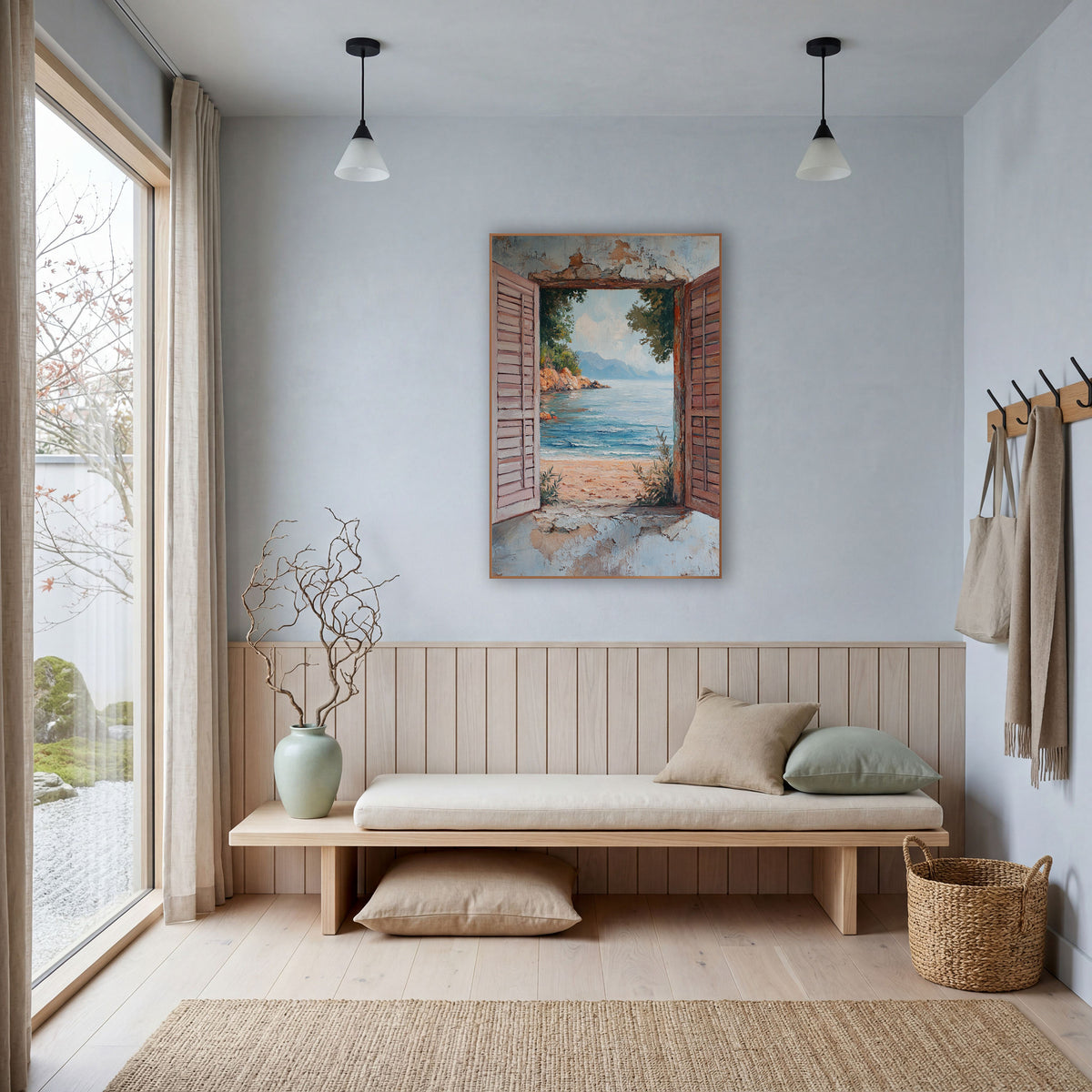 Rocky Cove Open Shutters Rustic wall art in a bright coastal-style room – open pink wooden shutters on a weathered