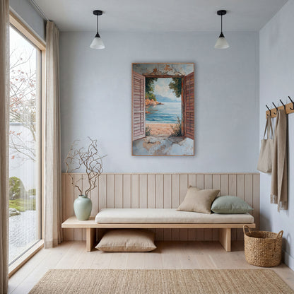 Rocky Cove Open Shutters Rustic wall art in a bright coastal-style room – open pink wooden shutters on a weathered