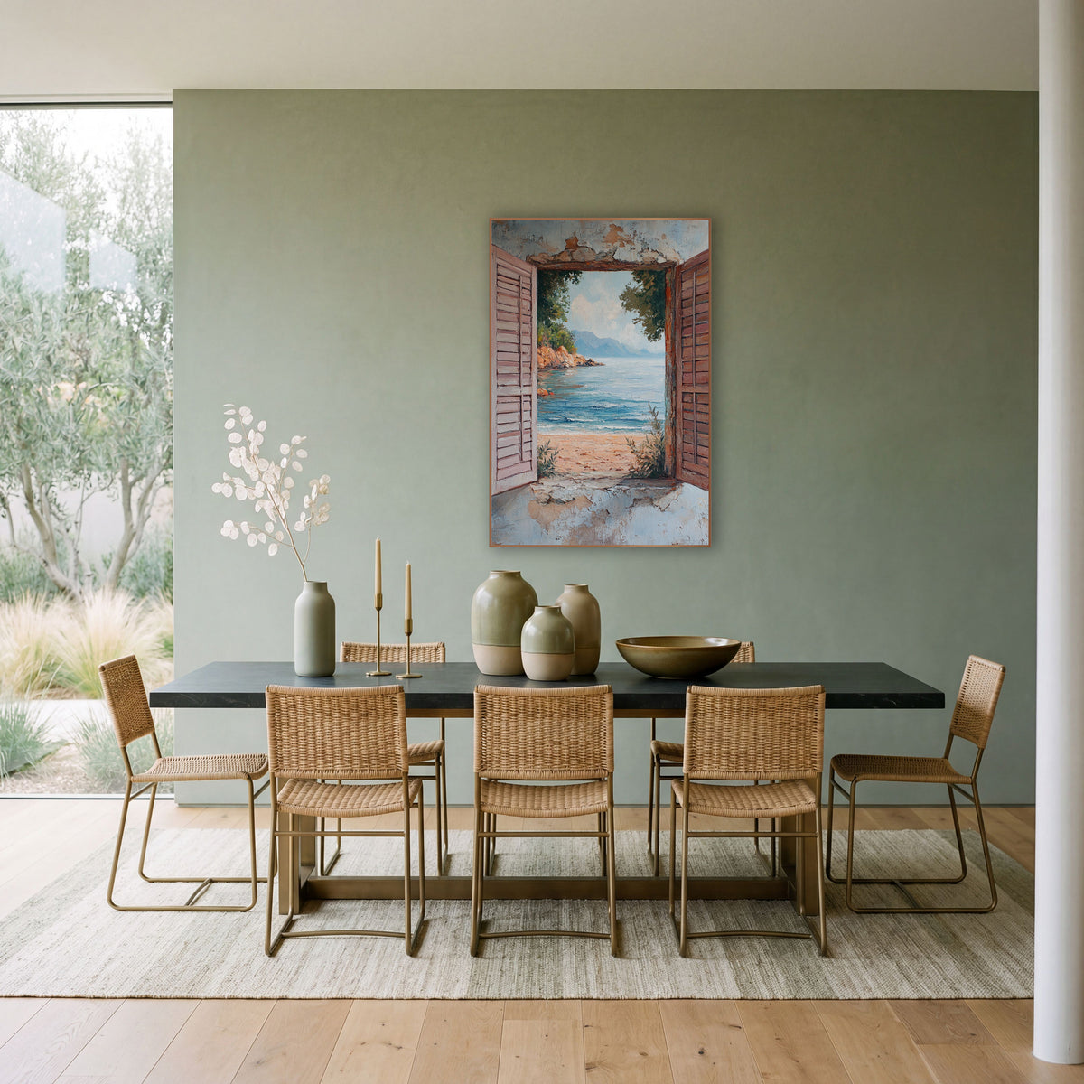 Rocky Cove Open Shutters Rustic wall art in a bright coastal-style room – open pink wooden shutters on a weathered